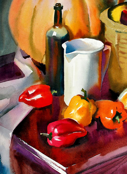 Watercolor still life with vibrant red yellow bell peppers pumpkin by Egor Shvachunov