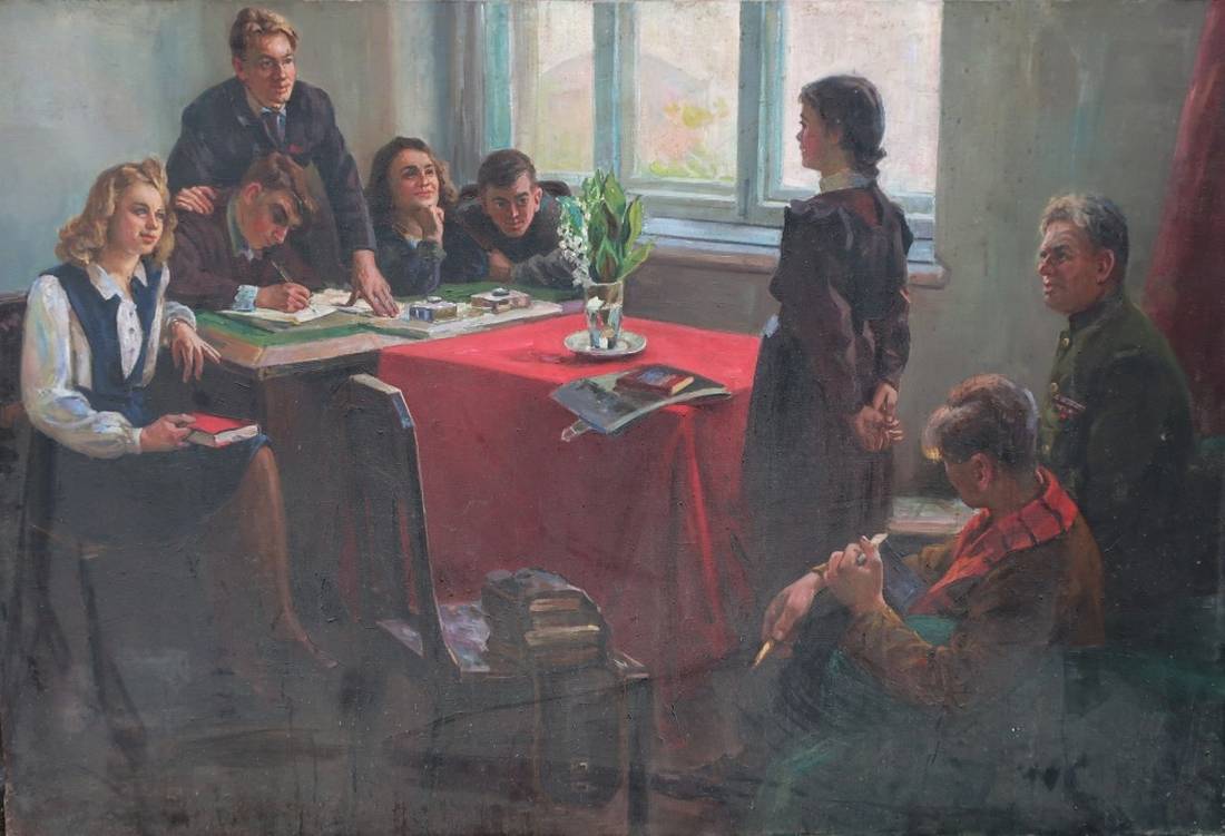 Oil painting Reception in Komsomol with white flowers in tall vase