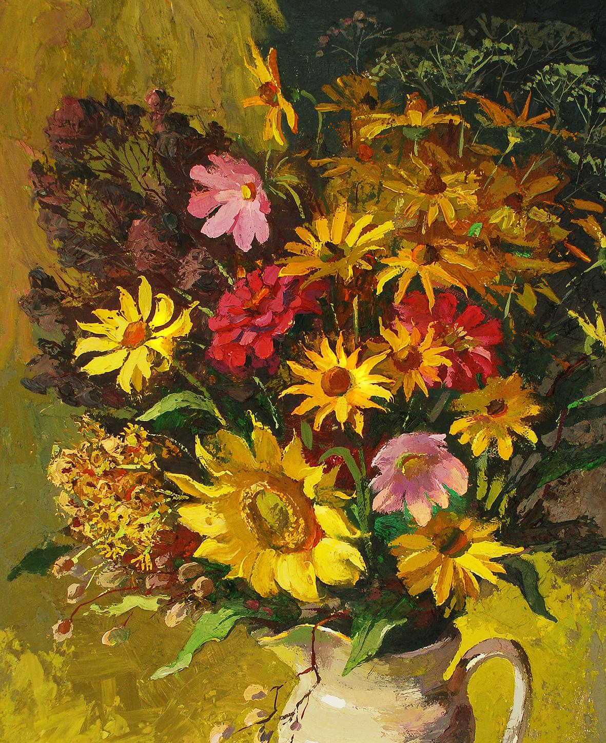 Oil painting of vibrant sunflowers, daisies, pink blossoms in white pitcher by Egor Shvachunov