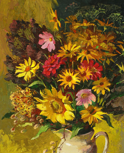 Oil painting of vibrant sunflowers, daisies, pink blossoms in white pitcher by Egor Shvachunov