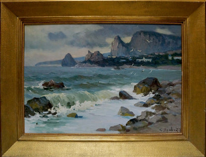 Framed oil painting of seascape by Stepan Yarovoy with crashing waves
