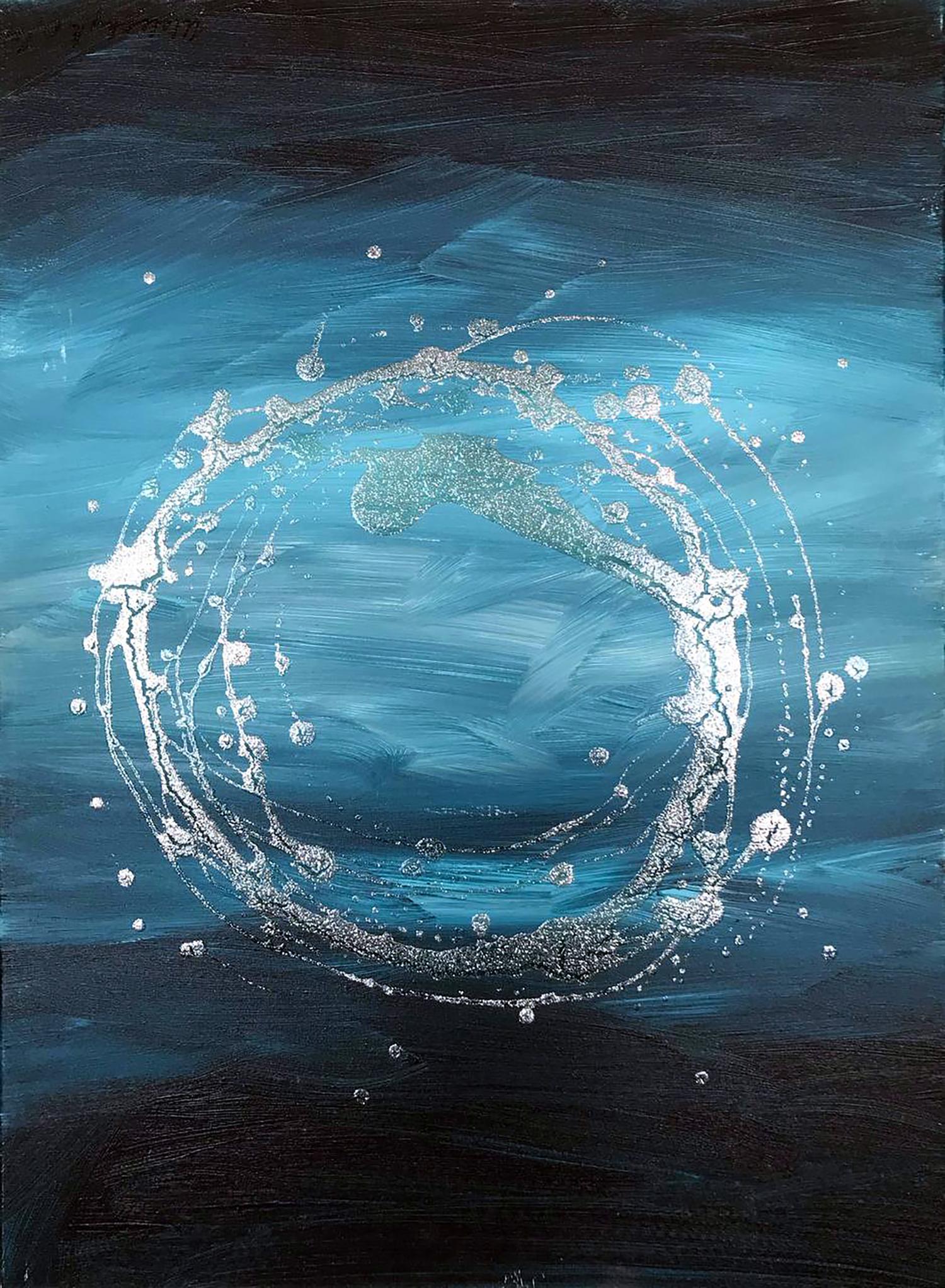 Acrylic painting necklace by Melezhik Olga: white teal droplet on dark blue