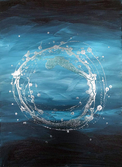Acrylic painting necklace by Melezhik Olga: white teal droplet on dark blue