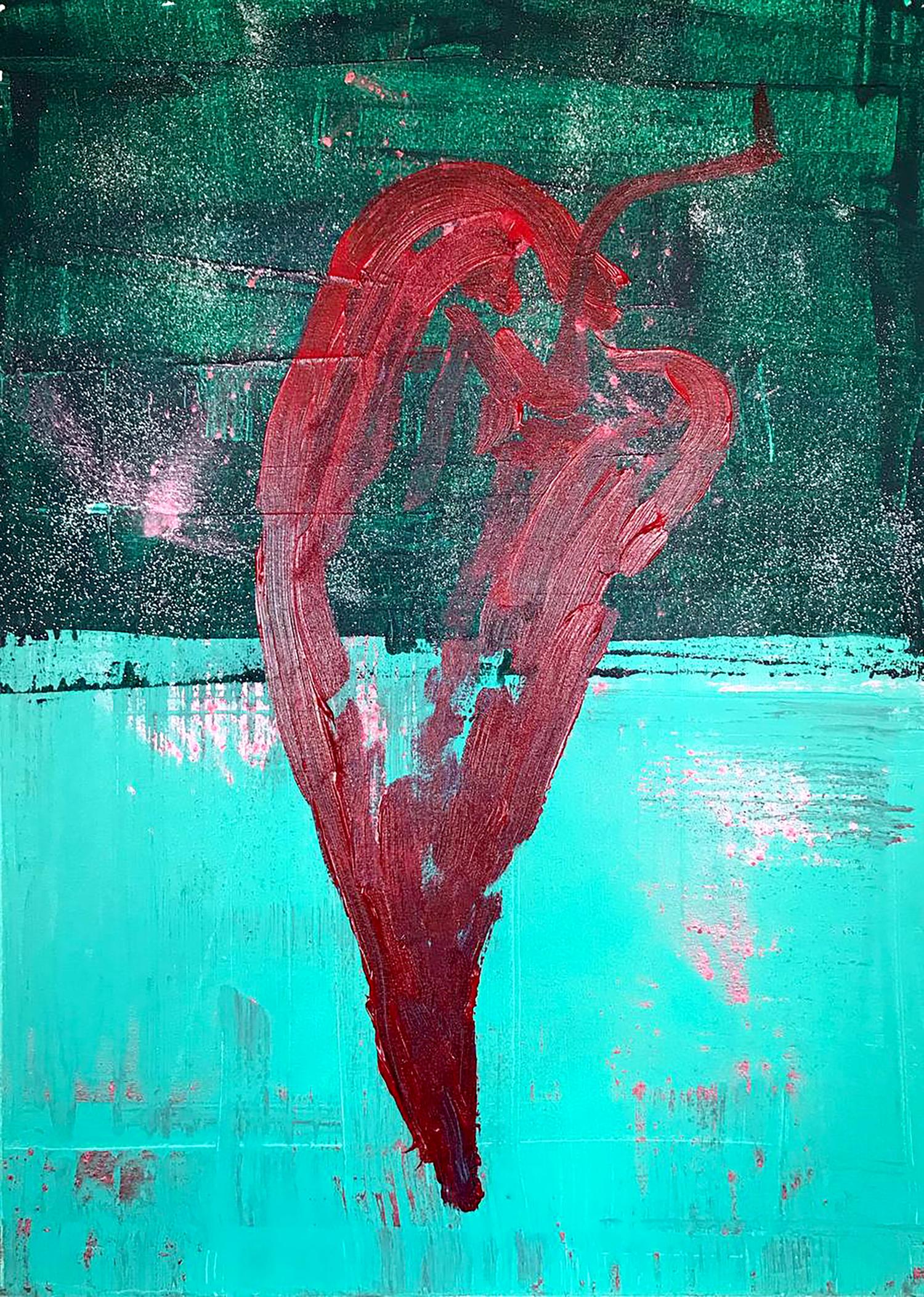 Bold abstract red chili pepper acrylic painting by Melezhik Olga