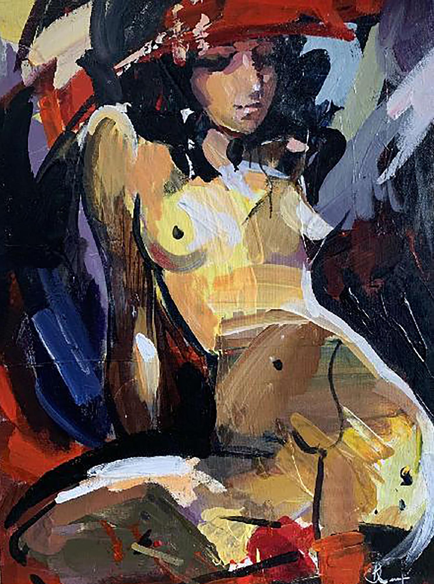 Oil painting Solar by Kozyar Yuri: nude figure in red hat, vibrant yellow black purple strokes