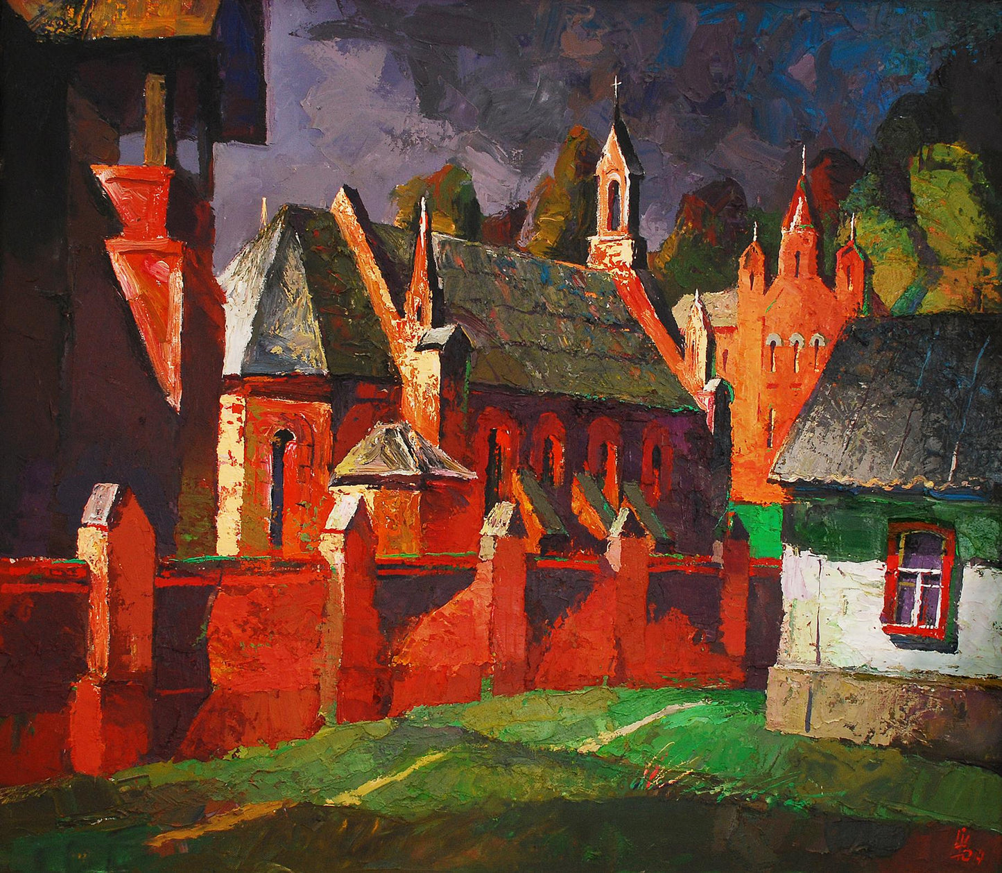 Oil painting Old misto Storm by Egor Shvachunov vibrant red brick church