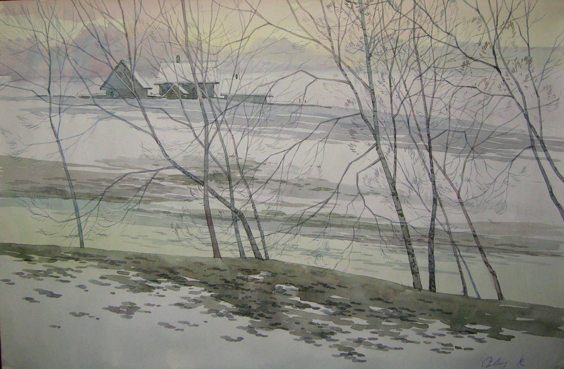 Watercolor painting Bare branches of winter Valery Savenets