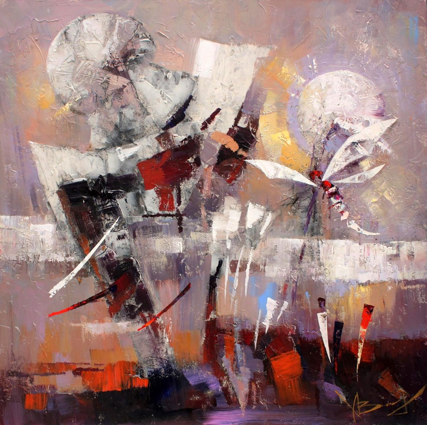 Oil painting Dragonfly by Valentina Alekseevna Kozyar: abstract strokes in white, gray, red, orange on purple