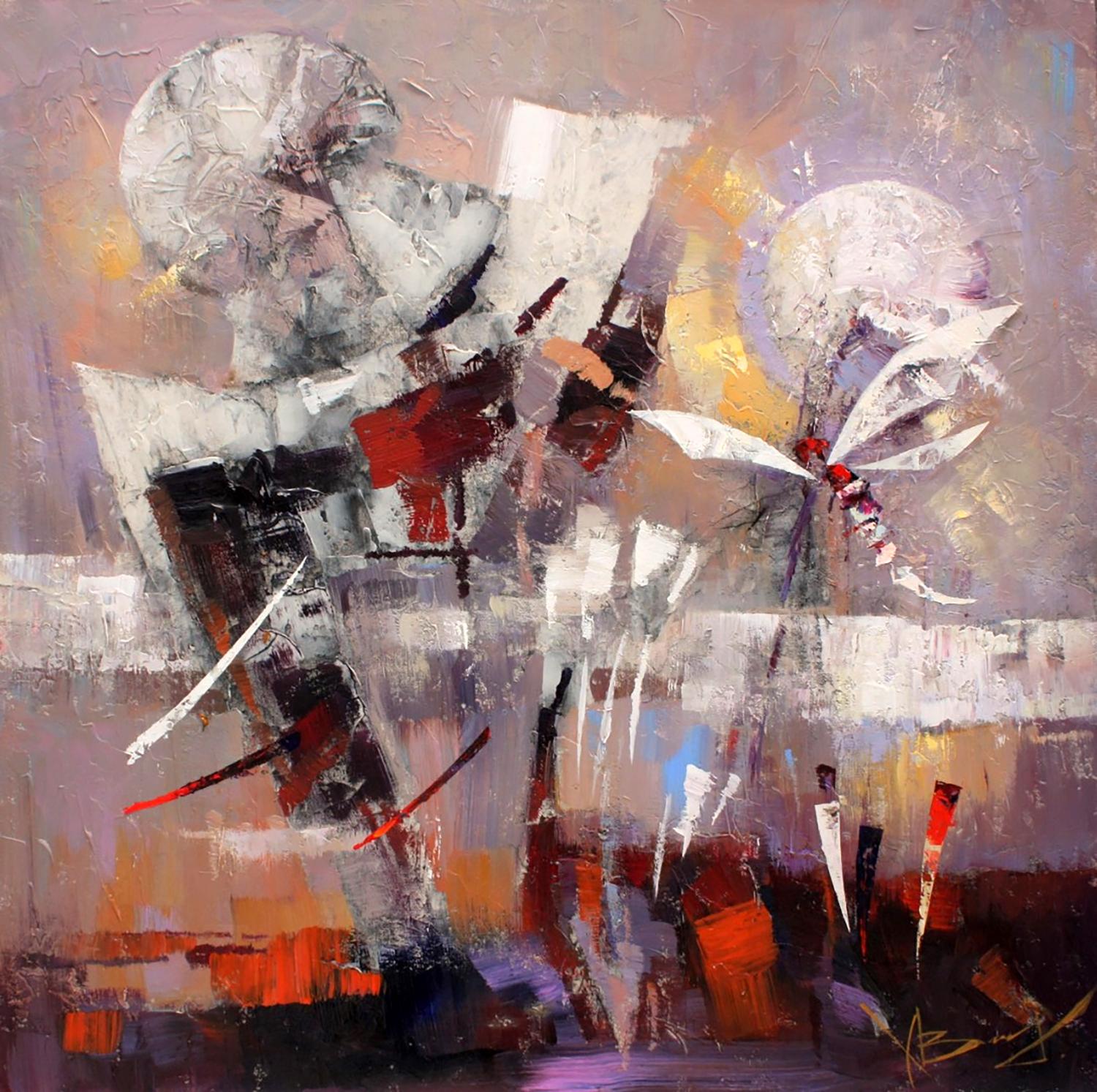 Oil painting Dragonfly by Valentina Alekseevna Kozyar: abstract strokes in white, gray, red, orange on purple