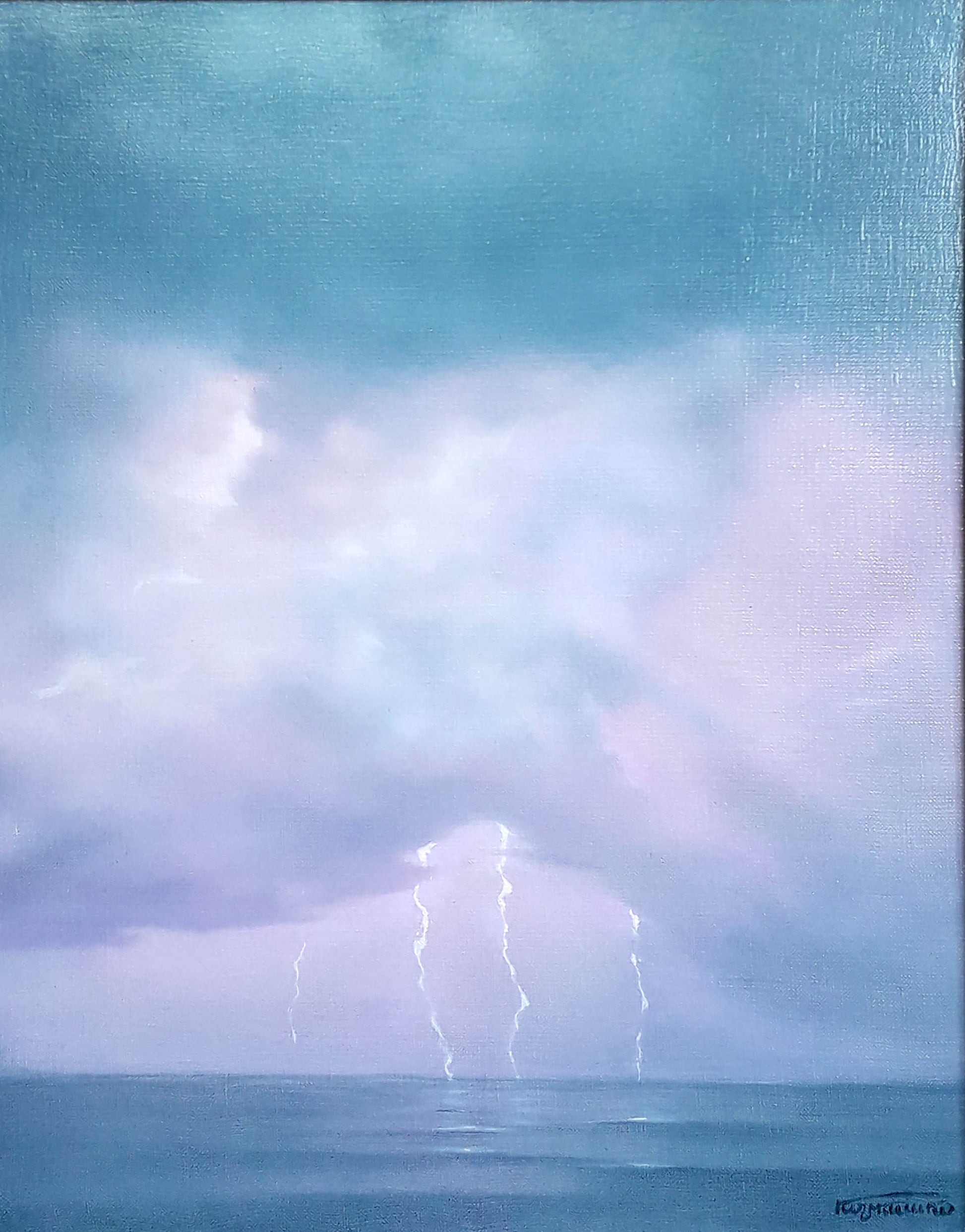 Serene Storm oil painting by Korkishko Vasily with lightning over ocean