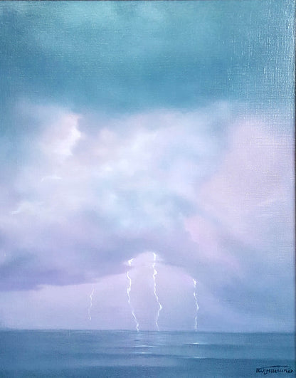 Serene Storm oil painting by Korkishko Vasily with lightning over ocean