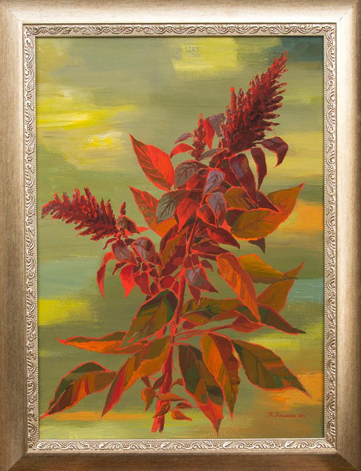 Vibrant red and green flowering tempera painting At the end of summer by Yushkov Svatoslav in ornate silver frame