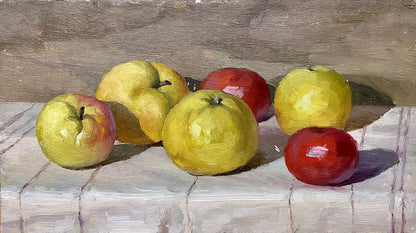 Oil painting of yellow and red apples by unknown artist
