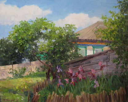 Rustic wooden fence in Pinchuk oil painting The garden is cherry