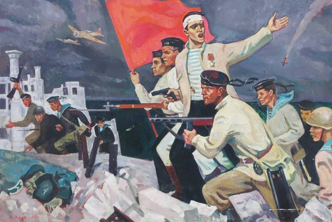 Vibrant red flag waving above soldiers in The assault of S. Loza A.I. oil painting