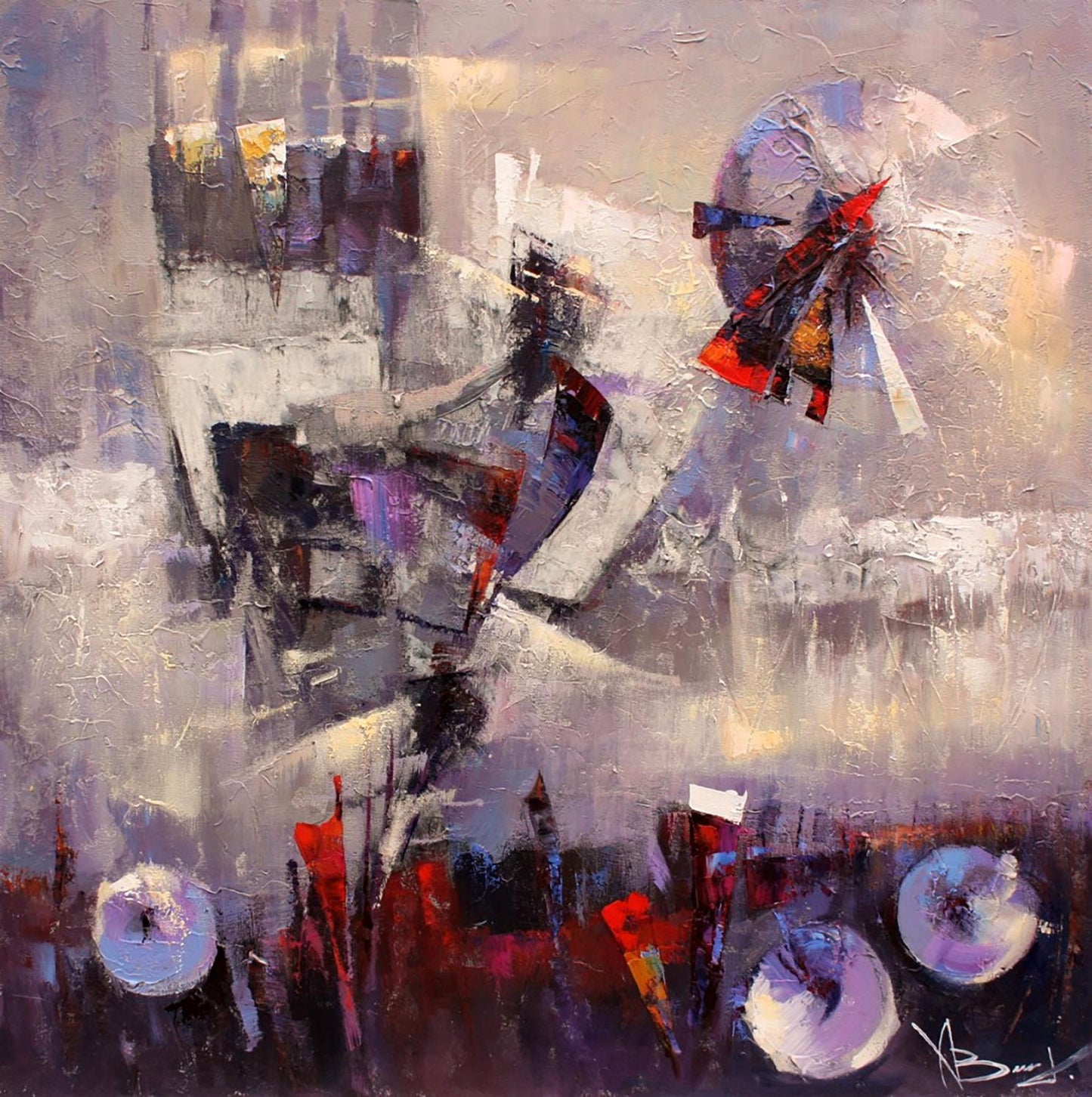Oil painting Dawn by Valentina Alekseevna Kozyar, abstract gray, white, purple with red accents