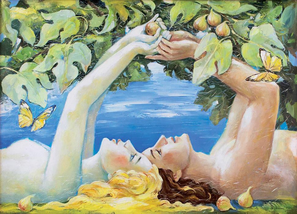 Oil painting by Yurii Dubinin: nude figures under fig tree with butterflies