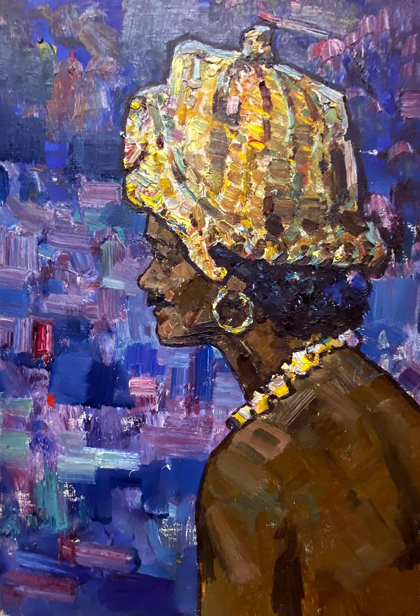 Vibrant oil painting of Hindu style woman in profile by Leonid Mikhaylovich