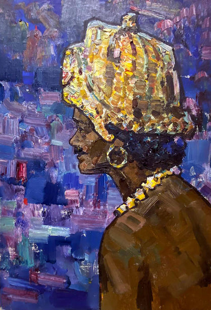 Vibrant oil painting of Hindu style woman in profile by Leonid Mikhaylovich