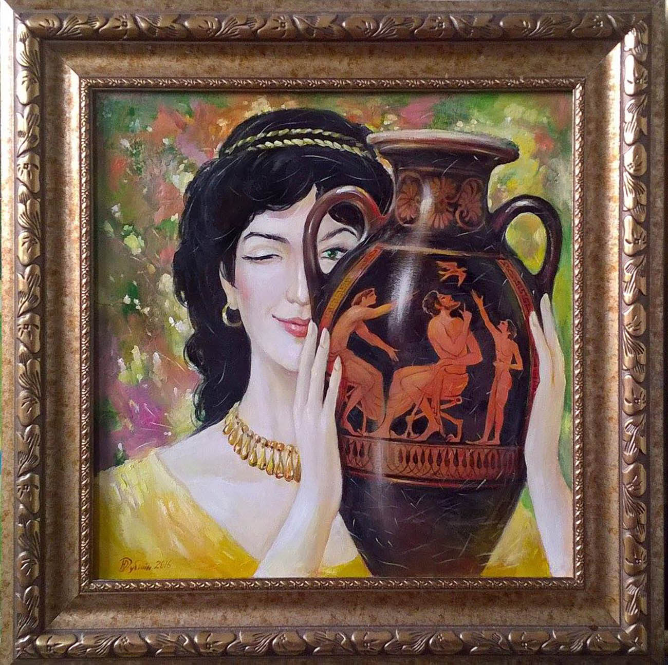 Oil painting View Dubinin Yurii: woman in yellow dress holds ornate Greek amphora