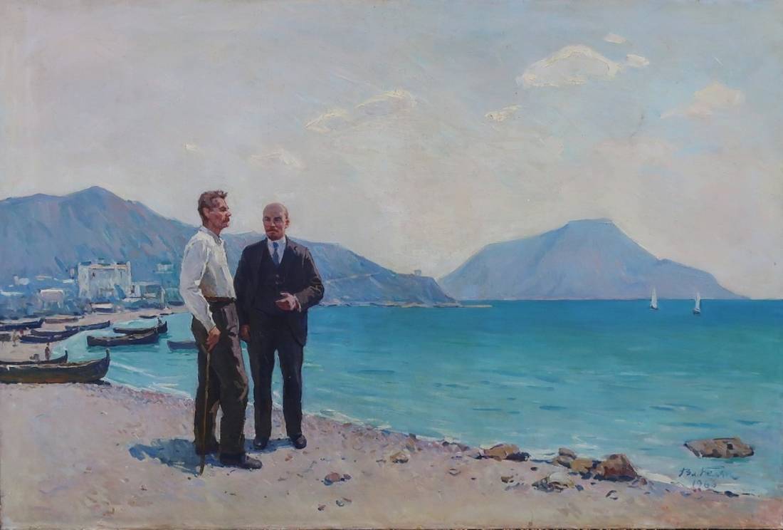 Oil painting Lenin and Gorky Belyak V: men on pebbled shore with turquoise sea