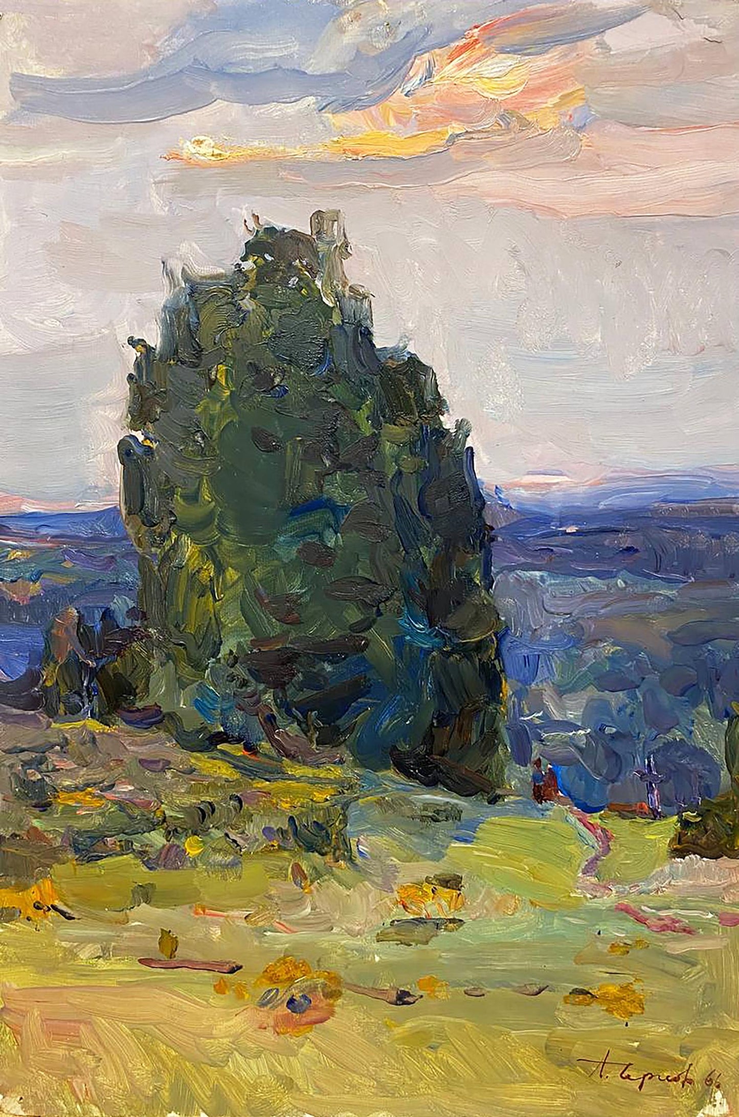 Oil painting On a Hill by Chernov Leonid Ivanovich, textured green tree