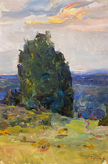 Oil painting On a Hill by Chernov Leonid Ivanovich, textured green tree