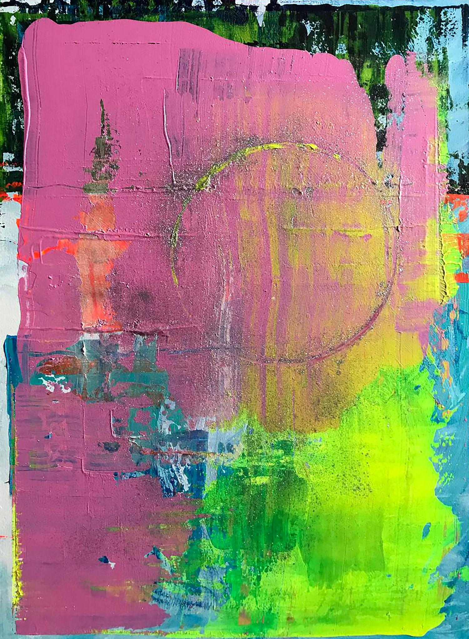 Vibrant New Moon acrylic painting by Melezhik Olga with pink, yellow, green strokes