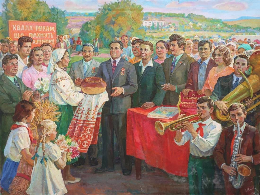 Oil painting Harvest Festival Volkovinskaya Z.V.: woman in white embroidered dress holds golden-brown bread