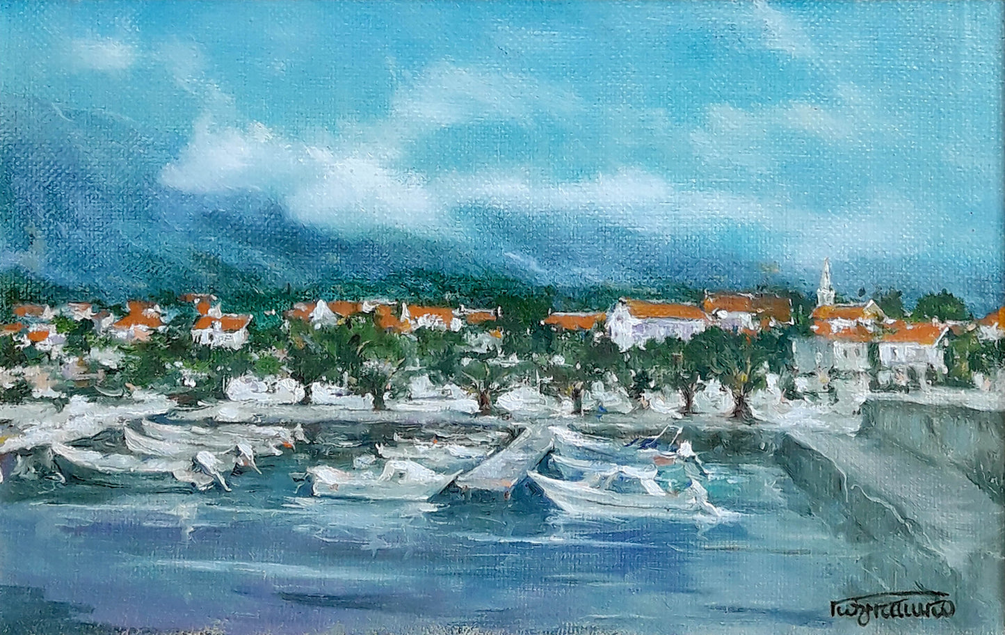 Oil painting of Vasily Korkishko resort town near sea with white buildings