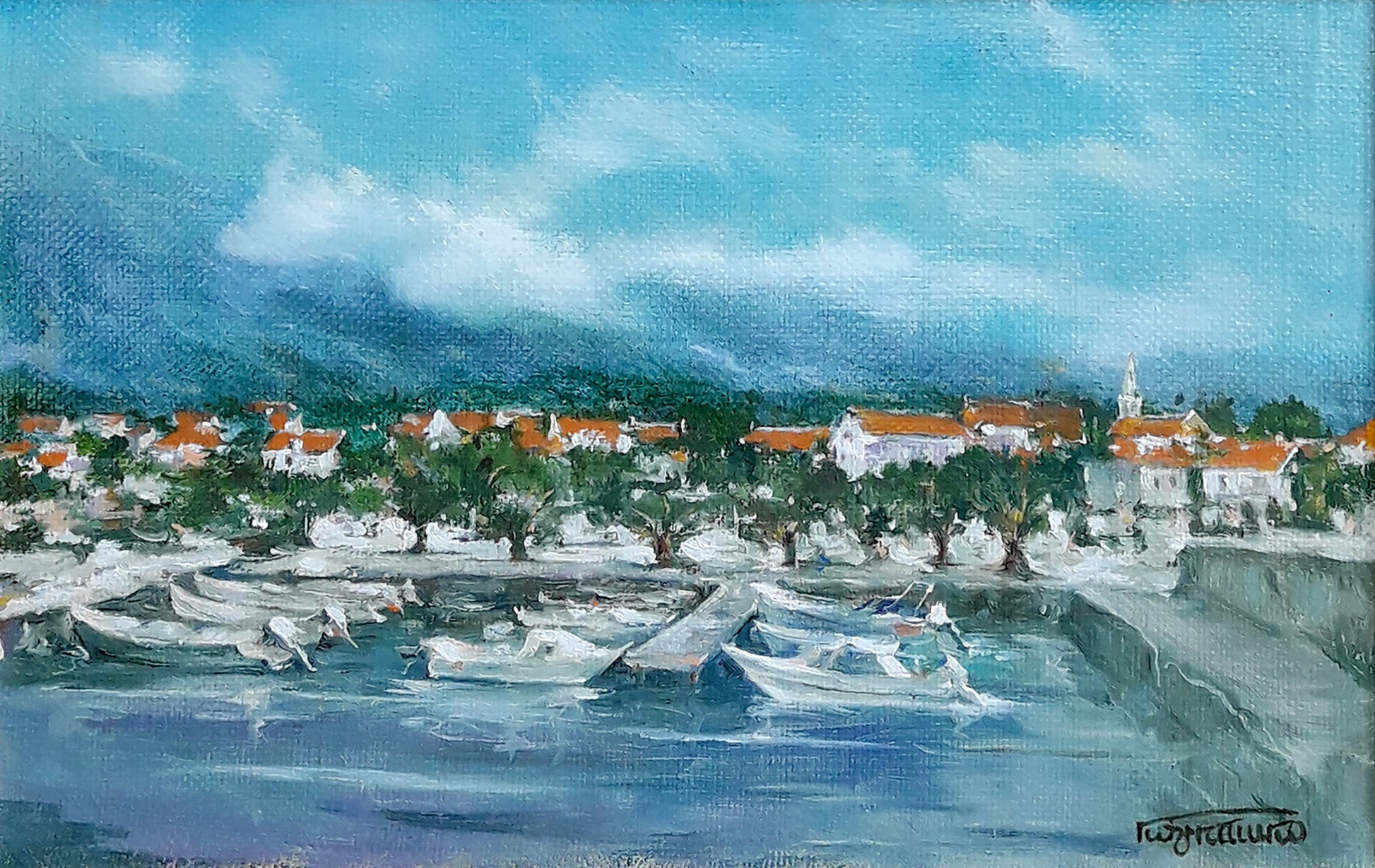 Oil painting of Vasily Korkishko resort town near sea with white buildings