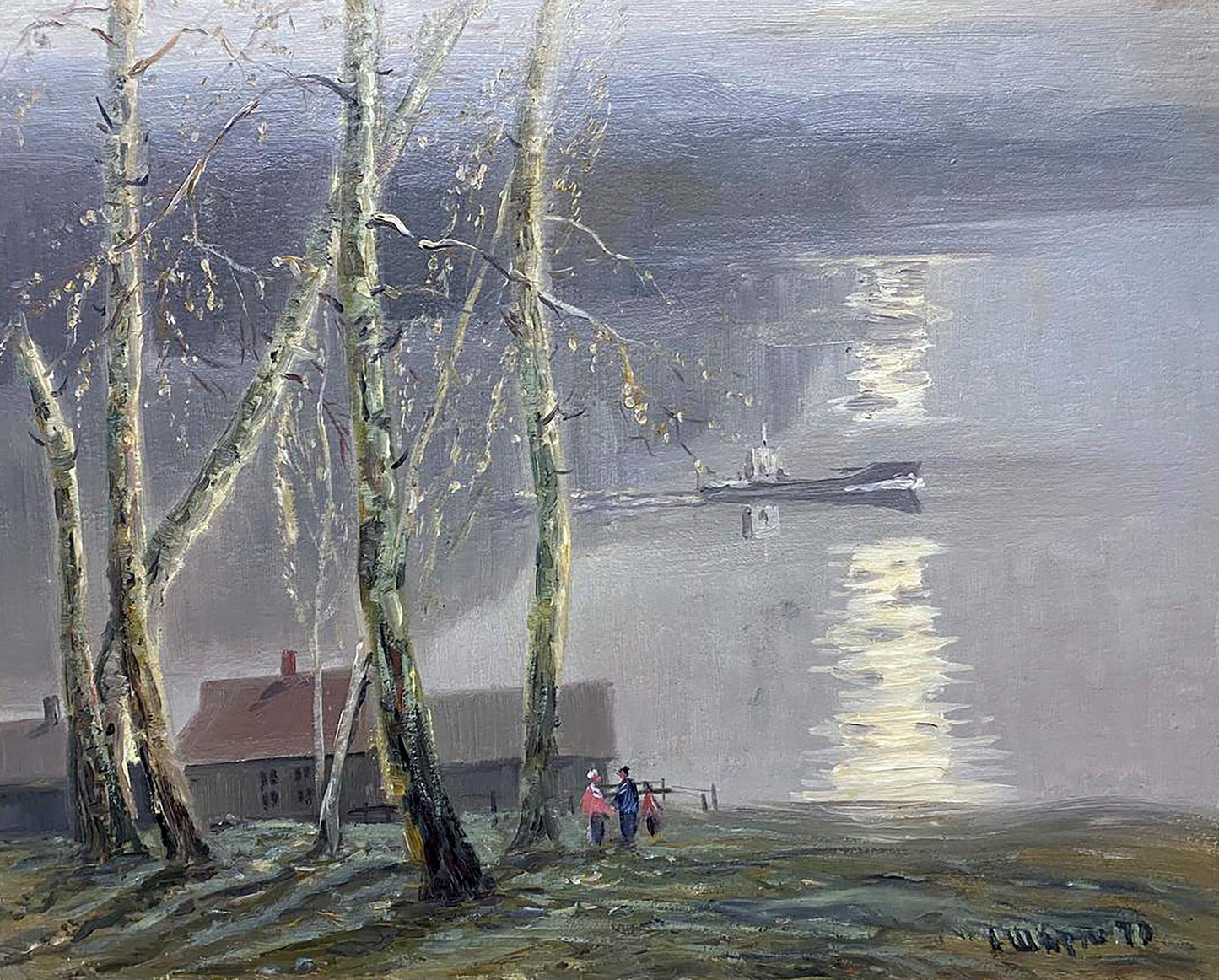 Muted oil painting On the Lake by Shariy Anatoly Ivanovich, misty riverside with birches
