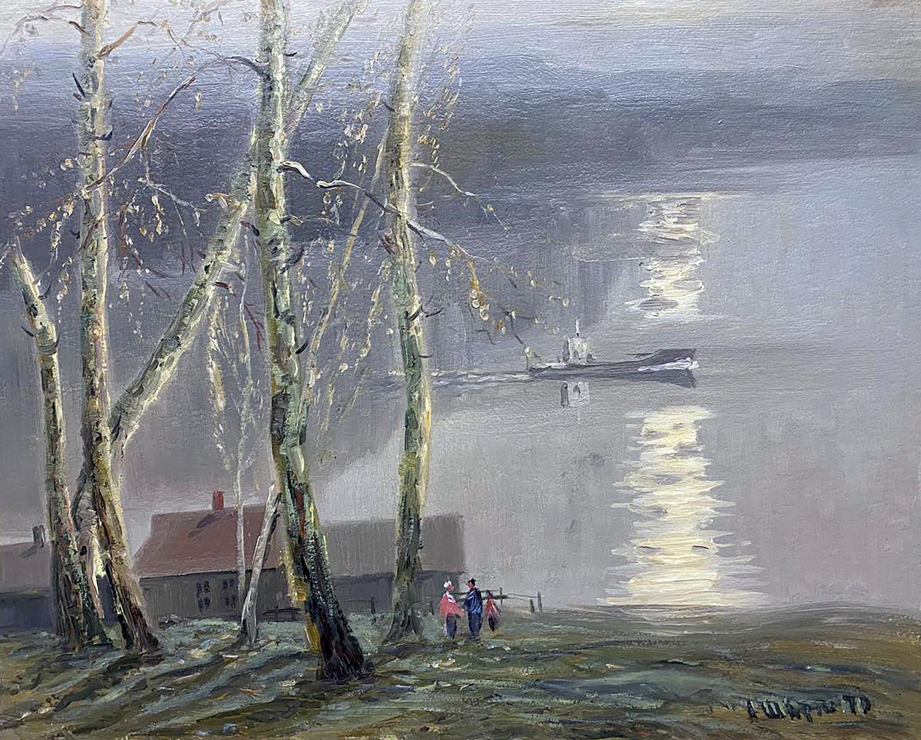 Muted oil painting On the Lake by Shariy Anatoly Ivanovich, misty riverside with birches