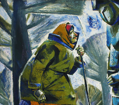 Abstract oil painting White Day by Egor Shvachunov, figure in olive-green coat