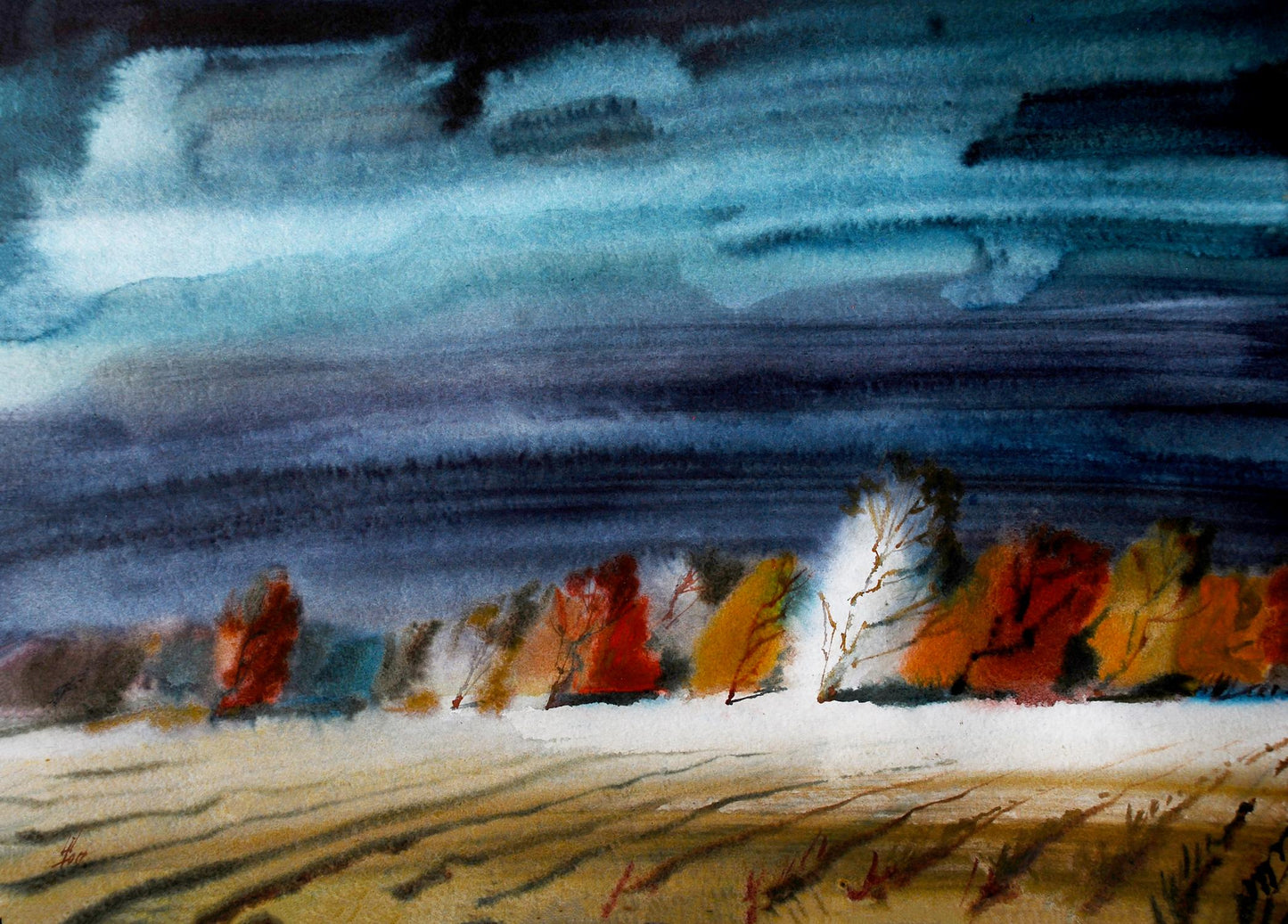 Watercolor painting Cold fall by Egor Shvachunov snowy landscape