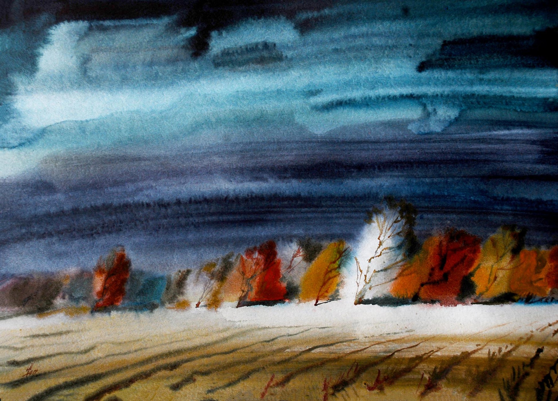 Watercolor painting Cold fall by Egor Shvachunov snowy landscape