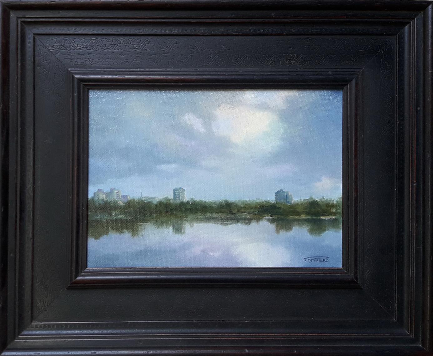 Serene oil painting by Korkishko Vasily: tranquil river urban landscape in ornate frame