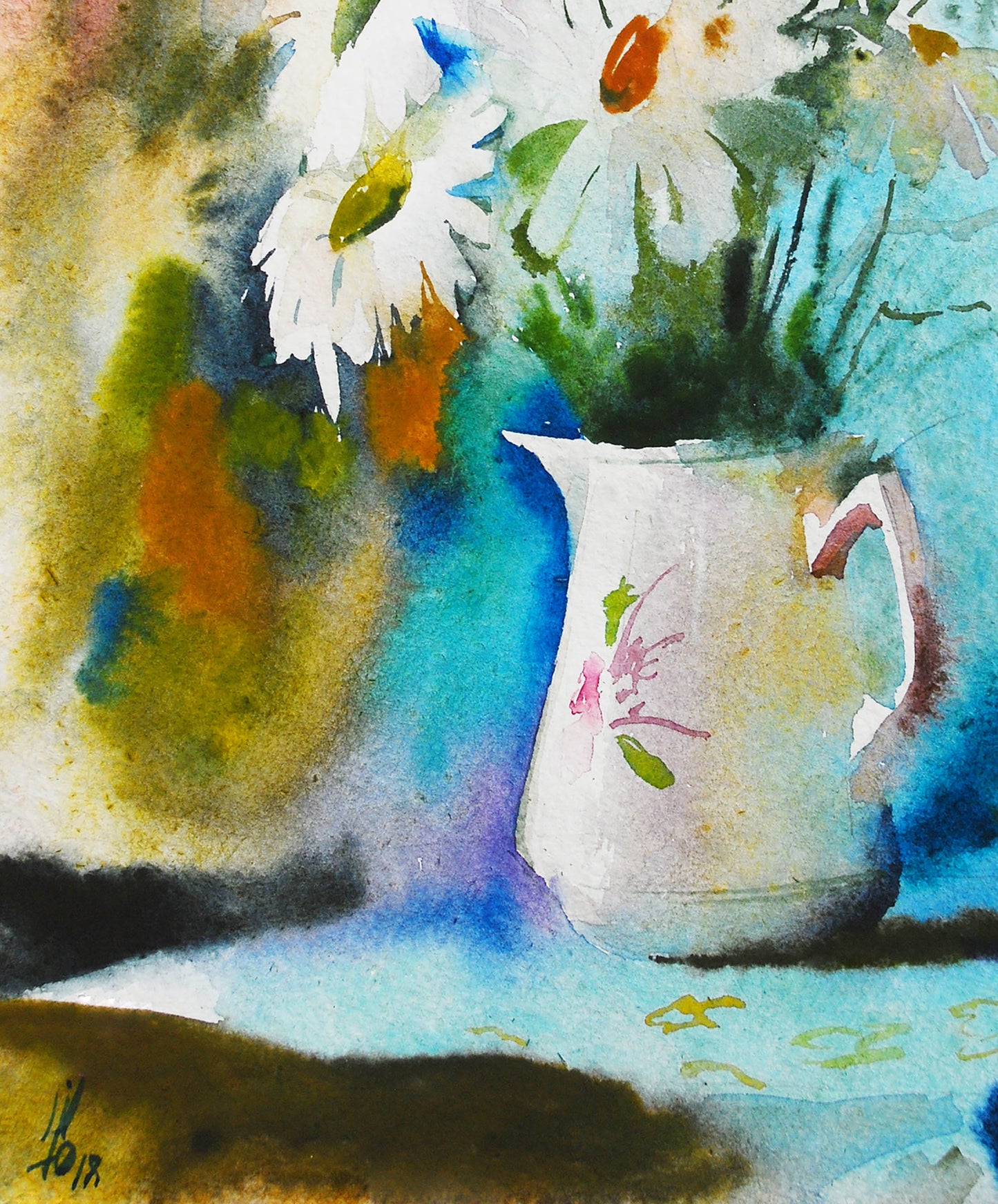 Watercolor chamomile painting by Egor Shvachunov in floral pitcher