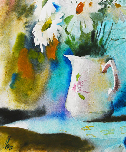 Watercolor chamomile painting by Egor Shvachunov in floral pitcher