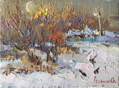 Textured impasto winter landscape oil painting by Oksana Ivanyuk, snowy village scene