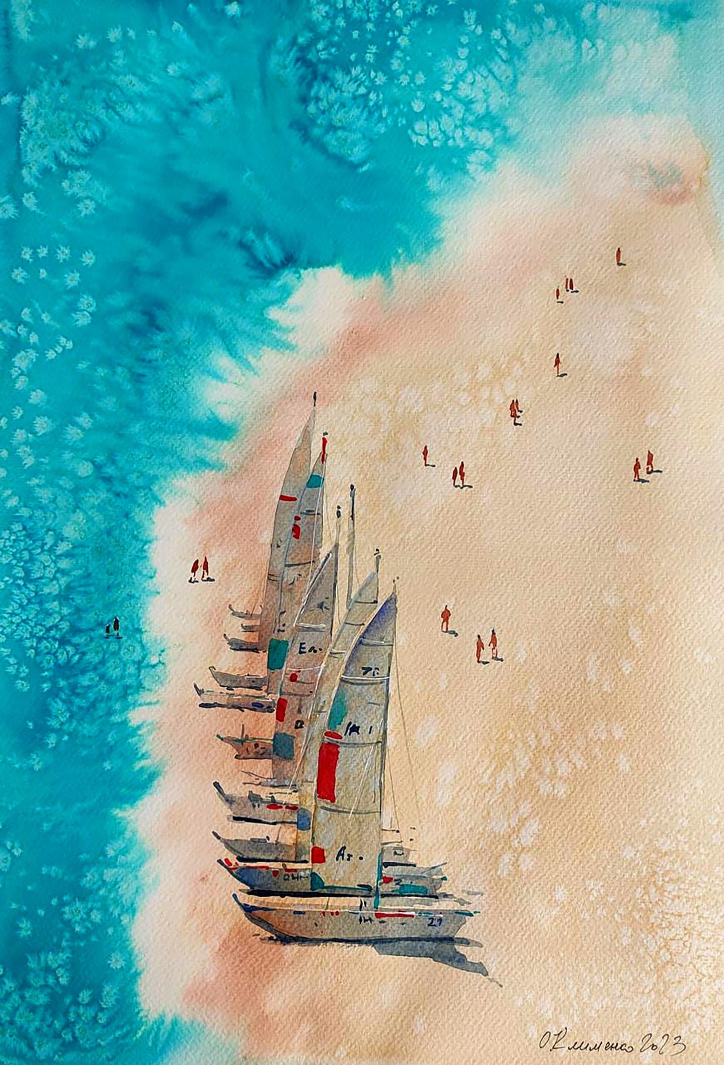 Watercolor painting Sunny beach by Elena Klimenko: sailboats on sandy beach