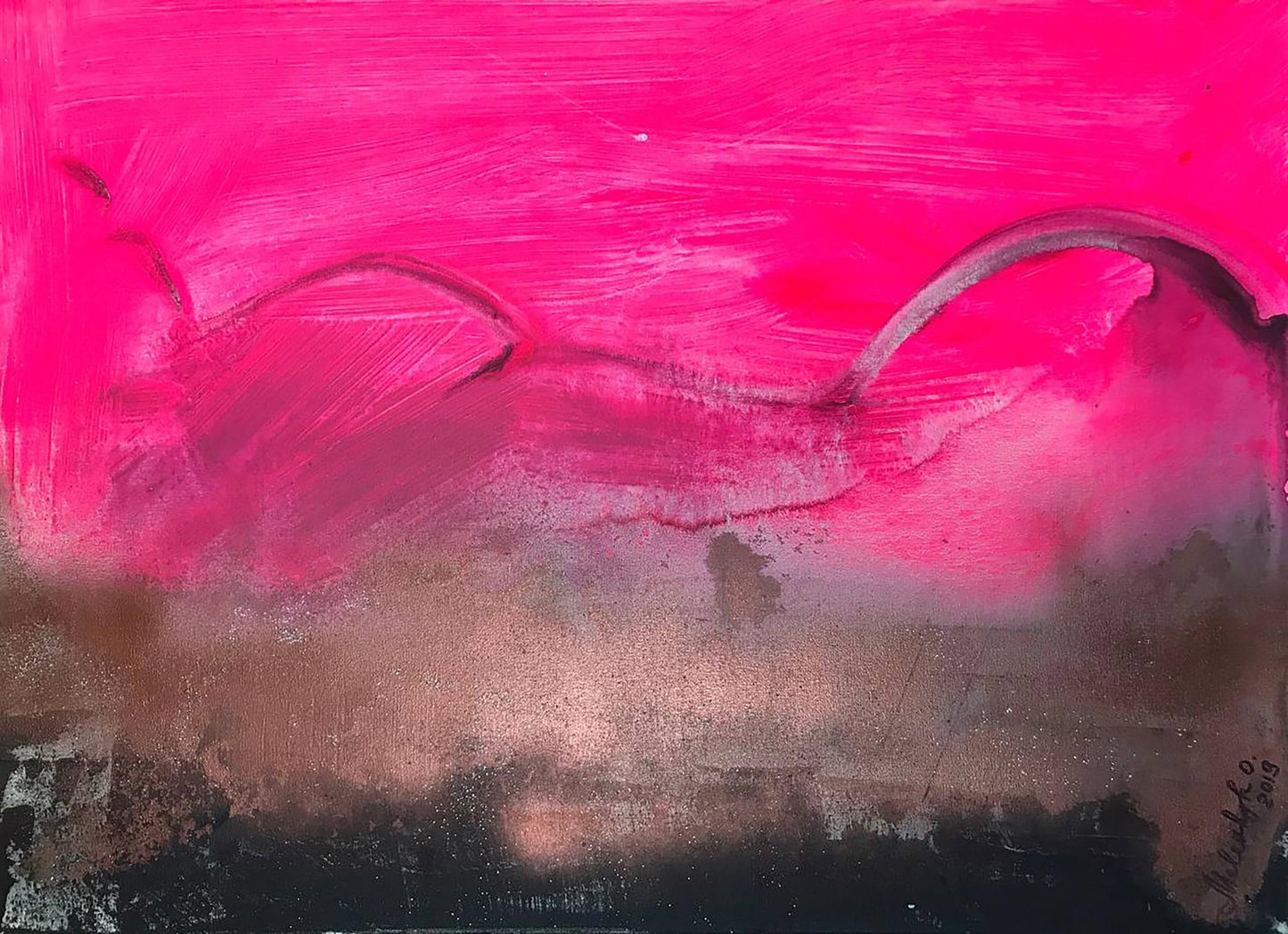 Vibrant fuchsia abstract acrylic painting by Melezhik Olga with textured brushstrokes