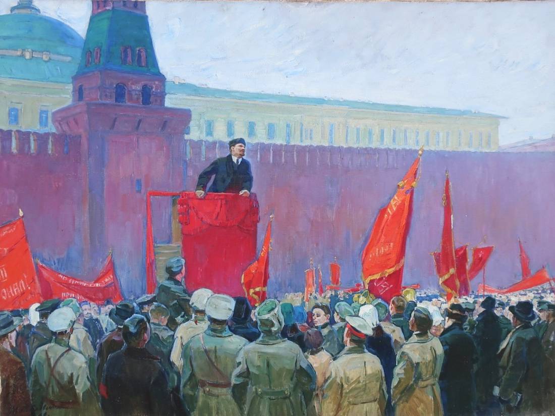 Oil painting of man in suit on red podium addressing Kremlin crowd by Poplavsky