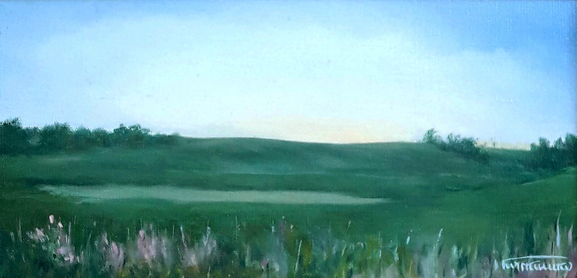 Serene oil painting by Korkishko Vasily: Dnieper outskirts with green hills, pond, pastel skies
