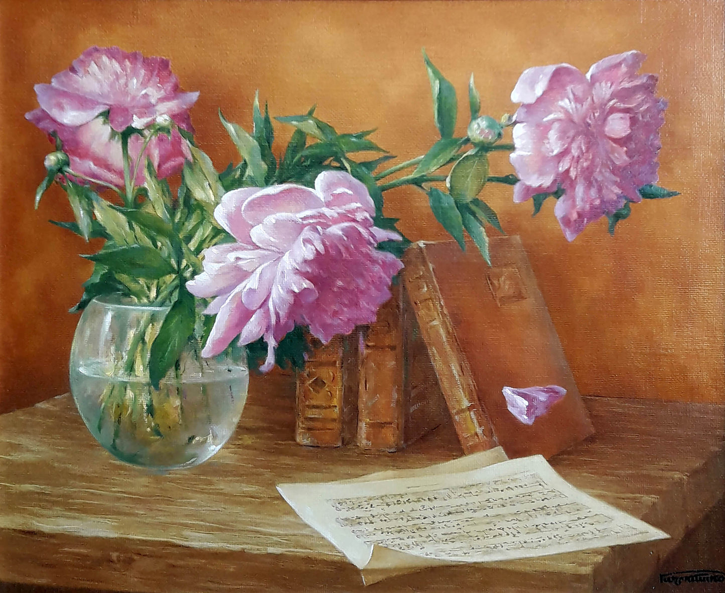 Oil painting of still life with vibrant pink peonies by Vasily Korkishko