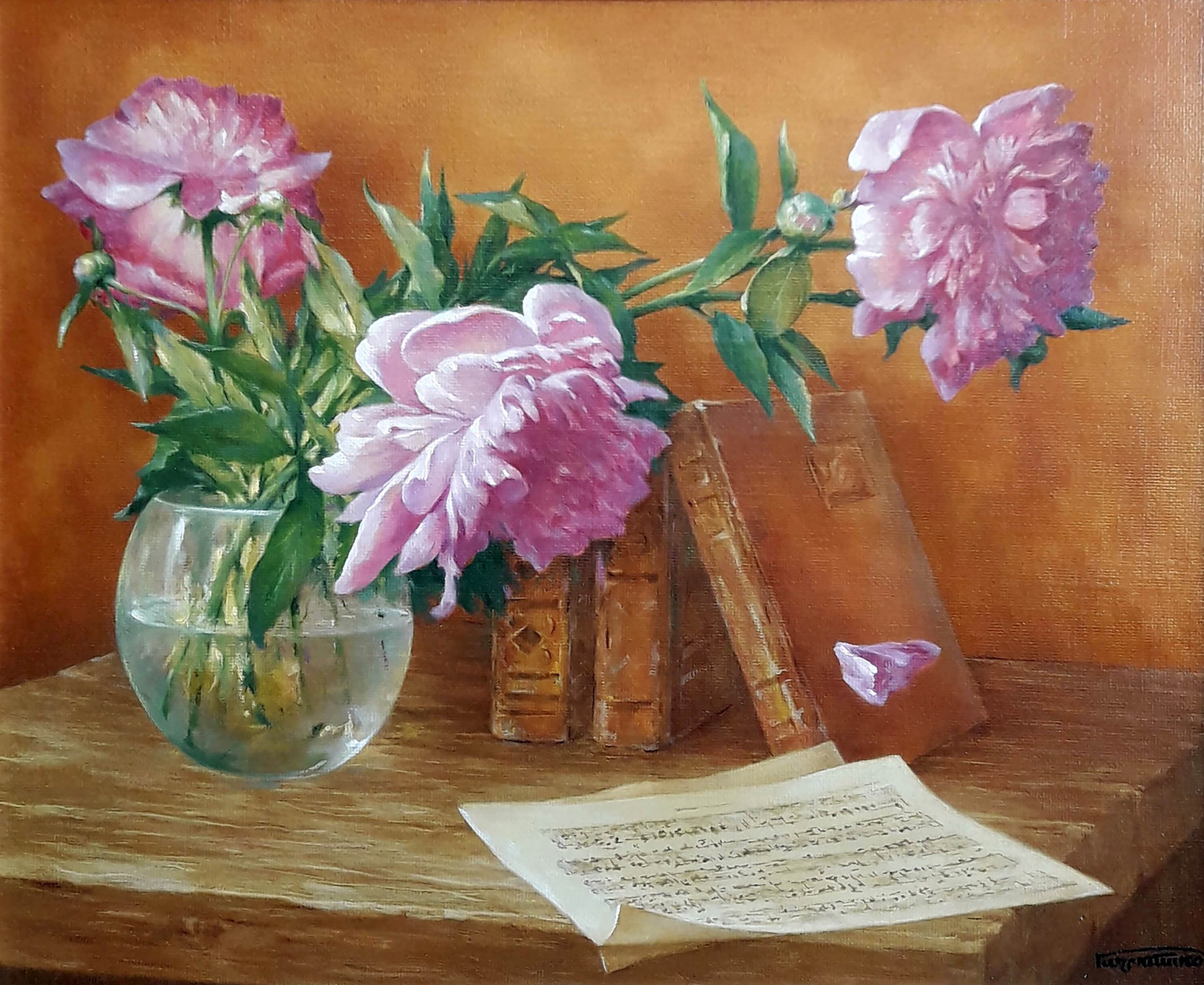 Oil painting of still life with vibrant pink peonies by Vasily Korkishko