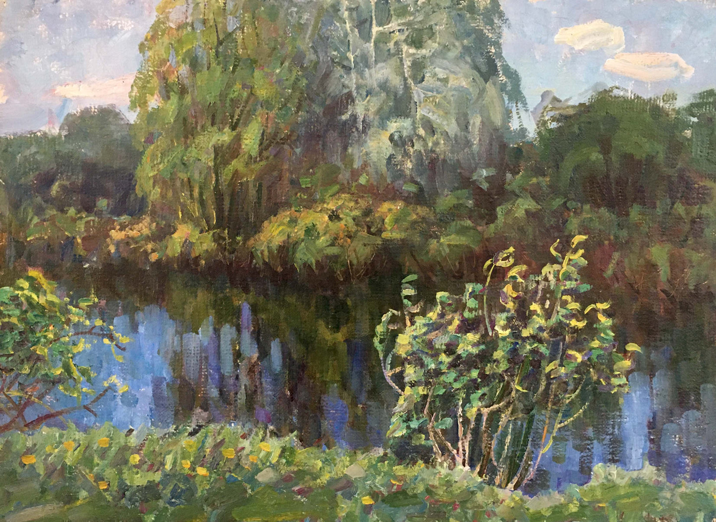 Serene impressionist oil painting of gatherings near river by unknown artist