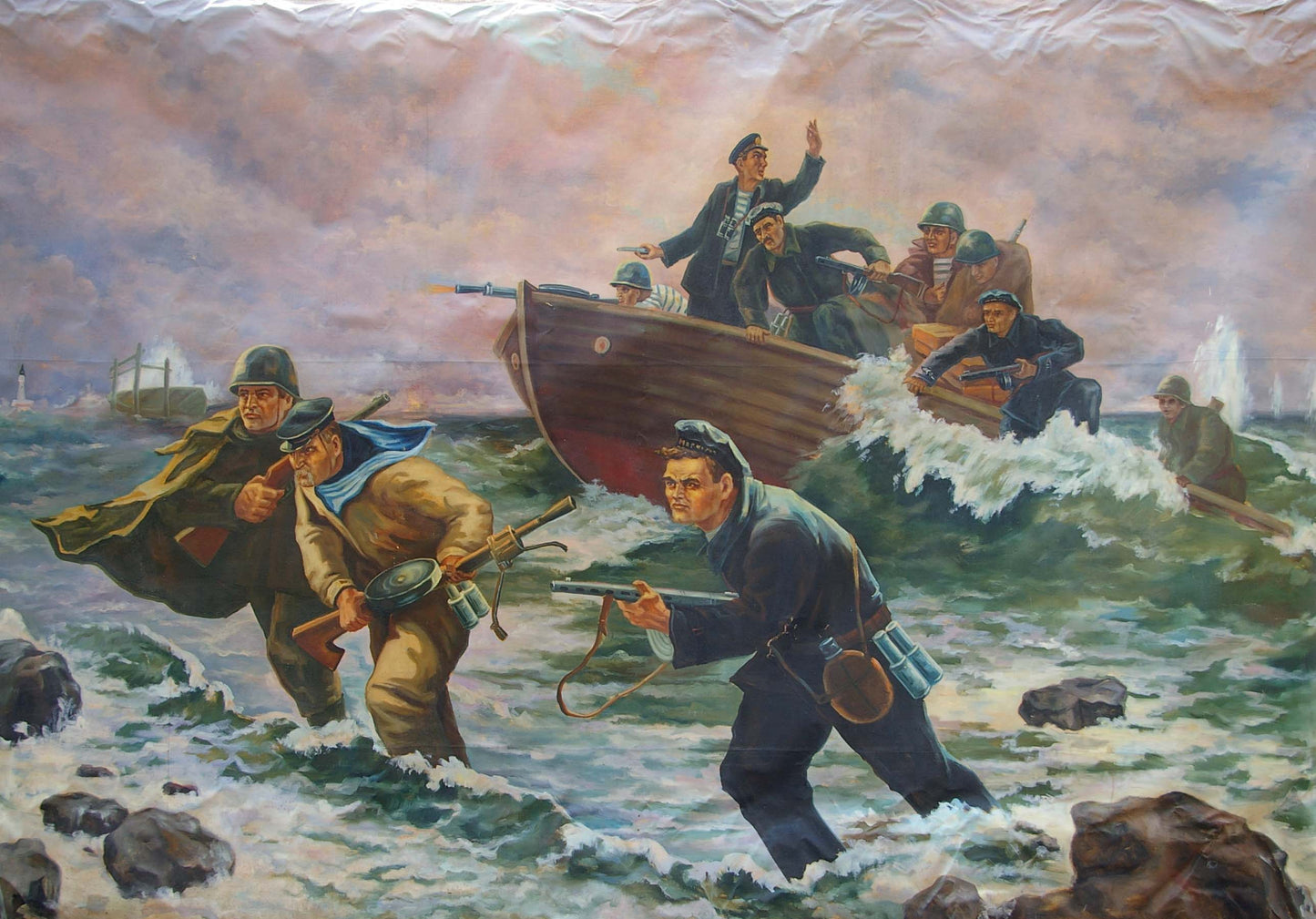 Oil painting of wooden rowboat with soldiers disembarking in choppy seas
