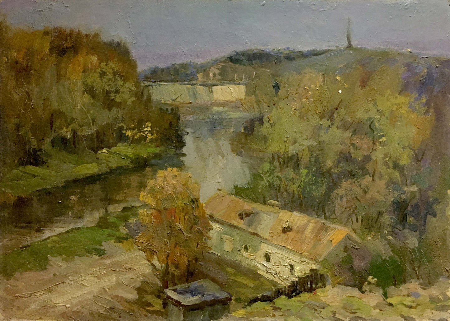 Oil painting by Morozov Leonid Aleksandrovich: rustic stone building by autumn river