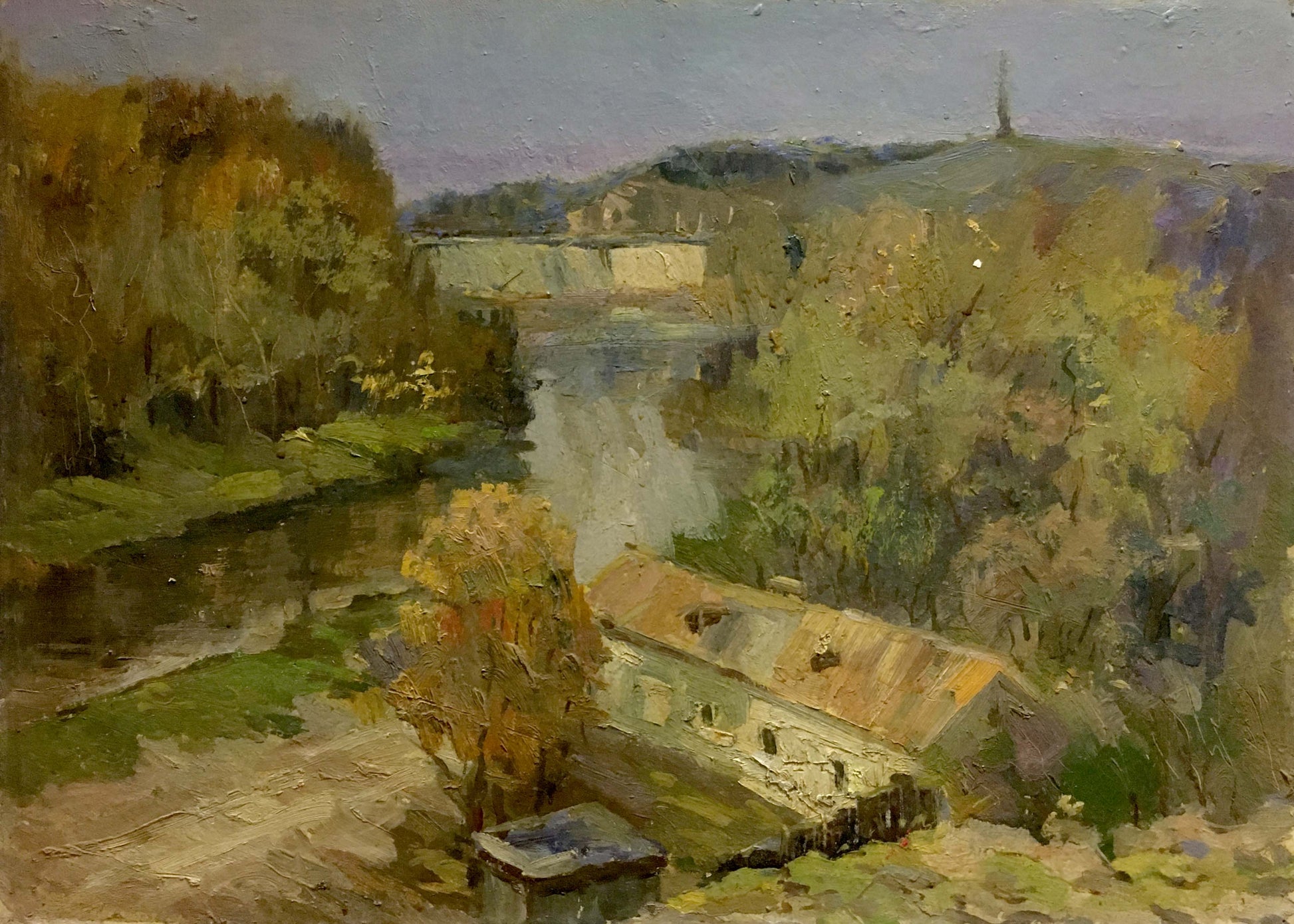 Oil painting by Morozov Leonid Aleksandrovich: rustic stone building by autumn river